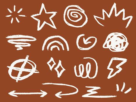 Hand drawn white abstract scribbles, stars, arrows, and lightning doodle elements set on rust brown background for design texture vector