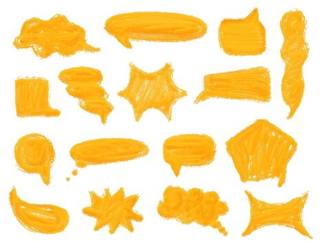 conjunto de amarillo y naranja habla burbujas con un lápiz de color textura. un colección de dibujado a mano, áspero Escribiendo formas para charlar, diálogo, o citas en un creativo, artístico estilo. vector