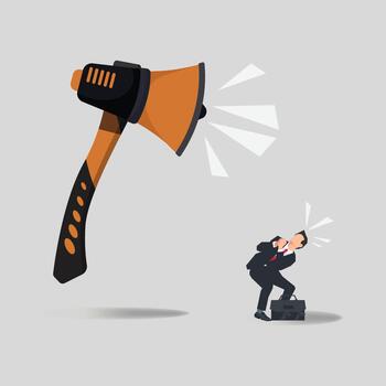 A creative concept illustration featuring a large axes transformed into a megaphone, shouting loudly at a frightened businessman vector