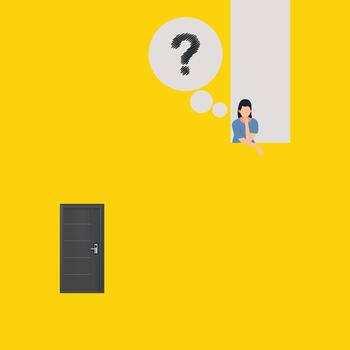 Illustration featuring a thoughtful woman leaning out of a window with a scribbled question mark inside a thought bubble, positioned above a closed black door on a bright yellow background vector