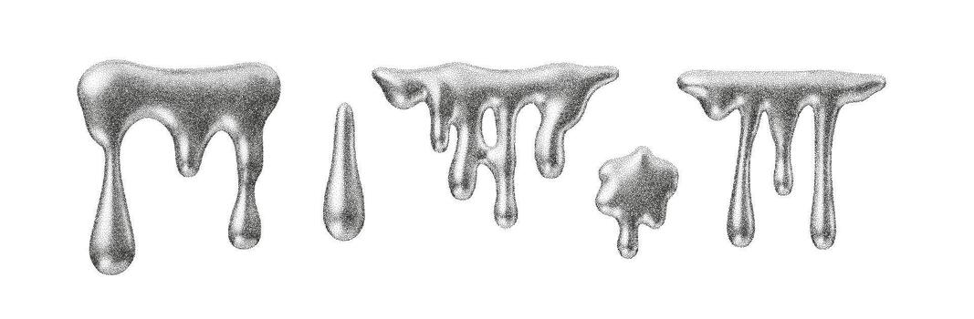 Drip liquid melt texture with grain, noise and stipple shading. Abstract drip and liquid border with halftone gradient and retro grunge style. Liquid melt splash graphic element isolated vector