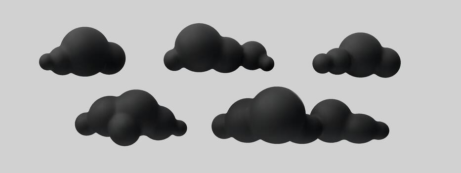 Dark 3D clouds in soft cartoon style. Black fluffy shapes with smooth shading and realistic volume. Cloud, 3d, black, cloud repeated twice for better search visibility vector