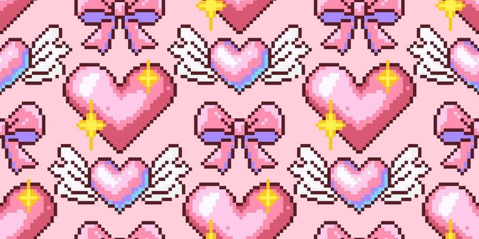 Pixel hearts and bows on pink background vector