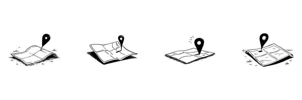 Map With Location Pin Doodle Sketch Set. Navigation, Travel, And Destination Marking In Hand Drawn Style Collection. Geographical Exploration. Hand Drawn Isolated Illustration vector