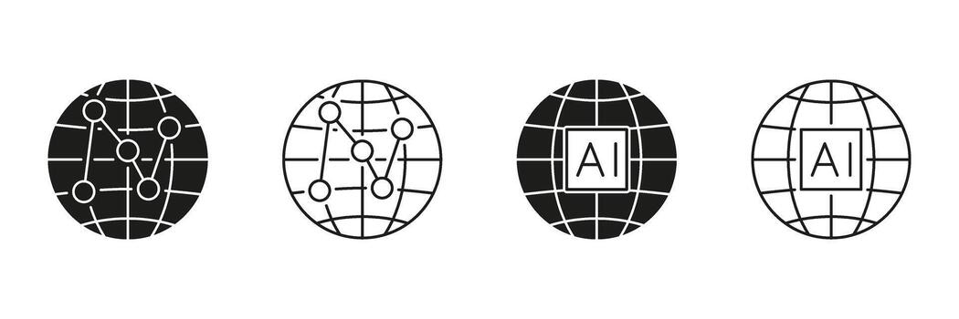 Artificial Intelligence Global Connectivity Line and Solid Icon Set. Digital Networks, Machine Learning and Worldwide Data Symbol Collection. Isolated Illustration vector