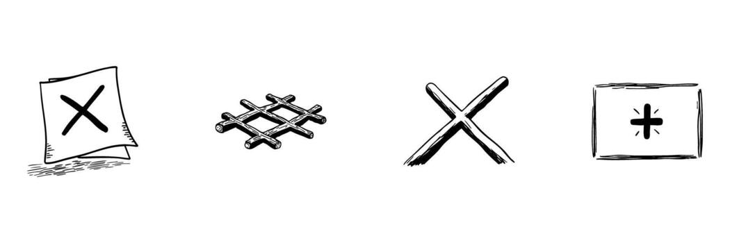 Hand-Drawn Mathematical Symbols Doodle Sketch Set. Mathematical Operations And Symbols In Hand Drawn Style Collection. Includes Plus, Cross, And Grid Icons. Isolated Illustration vector