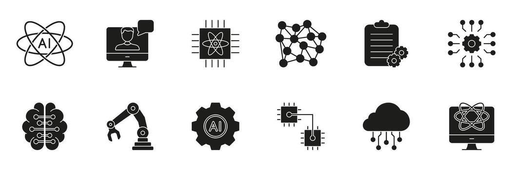artificial inteligencia investigación, neural redes y robótica sólido icono colocar. máquina aprendiendo, nube informática y cognitivo automatización silueta símbolo recopilación. aislado ilustración vector