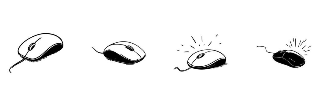 Computer Mouse Doodle Sketch Set. Technology And User Interaction In Hand Drawn Style Collection. Wired Mouse Illustrations With Emphasis On Click And Functionality. Isolated Illustration vector
