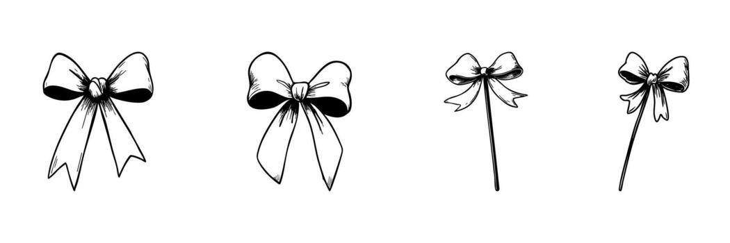 Bow And Ribbon Doodle Sketch Set. Decorative Gift Wrapping And Crafting Elements In Hand Drawn Style Collection. Elegant And Festive Design. Isolated Illustration vector