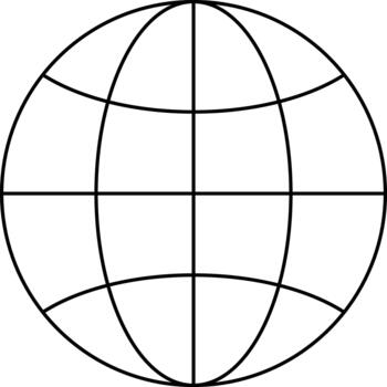 A minimalist black and white line drawing of a globe with a grid of meridians and parallels. vector
