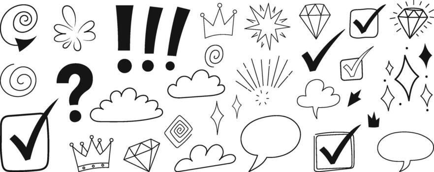 un variedad de dibujado a mano garabatear íconos incluso marcas de verificación pregunta marcas exclamación puntos nubes diamantes y habla burbujas vector