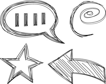 un colección de cuatro dibujado a mano bosquejo íconos incluso un habla burbuja un remolino un estrella y un flecha todas en negro y blanco. vector