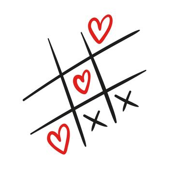 Tiny doodle tic-tac-toe grid where circles become hearts, playful linework, whimsical shapes, subtle shading, charming and romantic vibe. vector