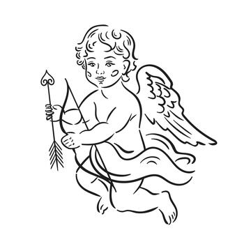A cute baby Cupid in a sketchy style, with loose, bow and arrow, soft shading, and a playful, whimsical pose. vector