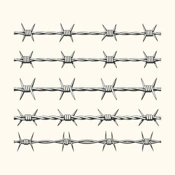 Five Rows of Barbed Wire with Sharp Spikes on a Light Background fence security vector