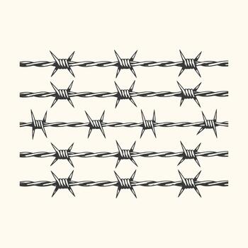 Four Rows of Barbed Wire with Sharp Spikes on a Light Background fence security vector