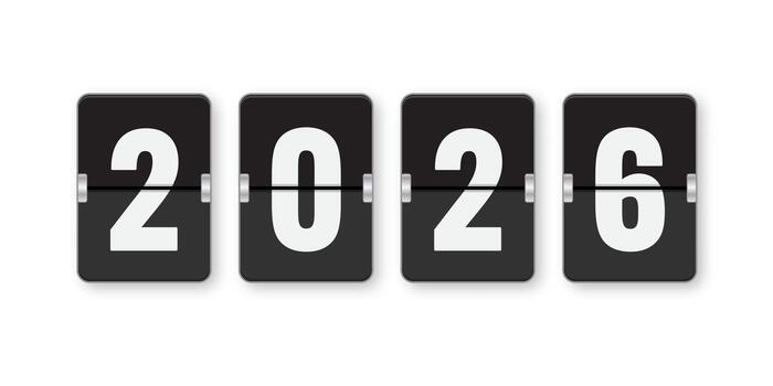 New Year 2026. Flip clock display showing the year 2026 in bold white numbers on black panels. Modern illustration of a split-flap countdown or calendar concept, isolated on white background. vector