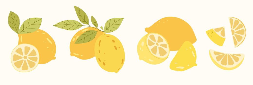 Bright flat lemon set with whole fruits, slices and leaves, clean colorful style for packaging, patterns, branding, summer themes and food design, isolated illustration. vector