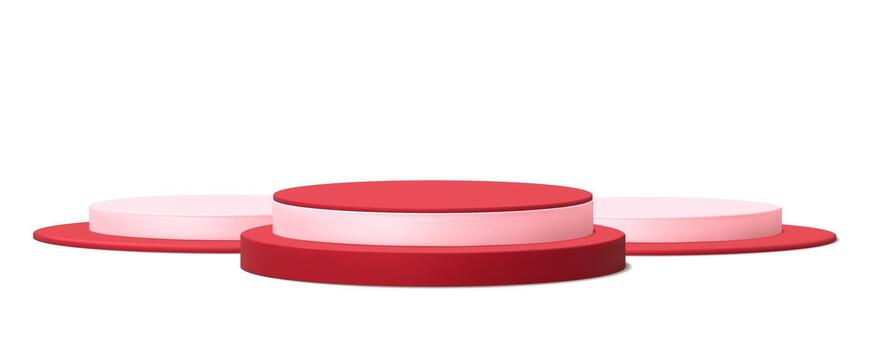 Collection of realistic red and pink round podiums in 3D style. Minimal display stands for product presentation, cosmetics, or holiday vector
