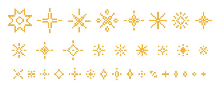 Star Twinkle Sparkle pixel art game icon set. Retro shiny orange computer 8 bit pixelated elements vector
