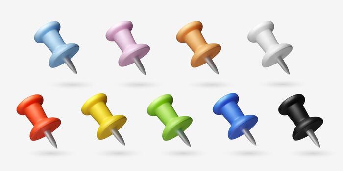 3D map pin set. Plastic office thumbtack in different colors. Isolated design elements vector
