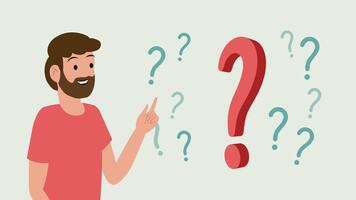 Confused man looking at floating question marks animation. video