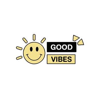 A graphic featuring a smiling sun icon and the words good vibes stacked on a white background vector