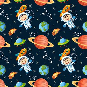 colorful astronaut and planet pattern vector