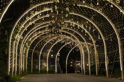 Curved white beams form an illuminated tunnel accented with hanging lights, and the structural lines create a clean pattern against the dark background.e photo