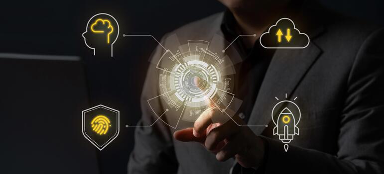 Businessman uses a futuristic digital interface displaying icons of AI, cloud computing, cybersecurity, and innovation, representing digital transformation and modern technology. photo