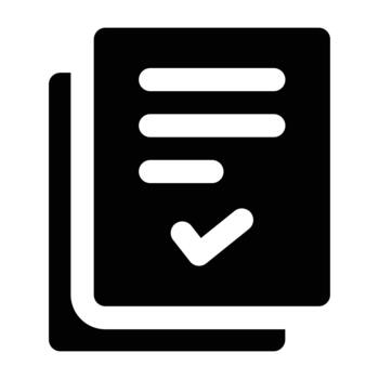 Solid glyph of a checklist sheet with a marked box, designed in bold black style for education, study materials, tests, and academic resources. vector