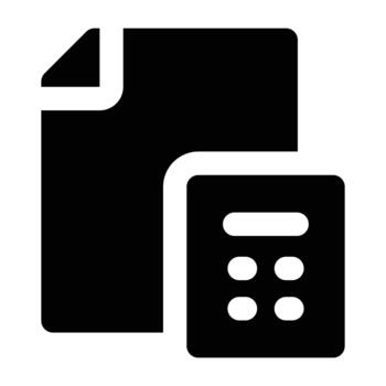 sólido glifo de apilado documentos con un calculadora, representando finanzas, contabilidad, presupuesto, oficina trabajar, y datos gestión. vector