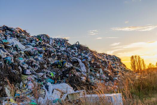 Garbage and plastic waste pile up in a landfill while the sun sets in the background, showcasing the impact of pollution on the environment photo