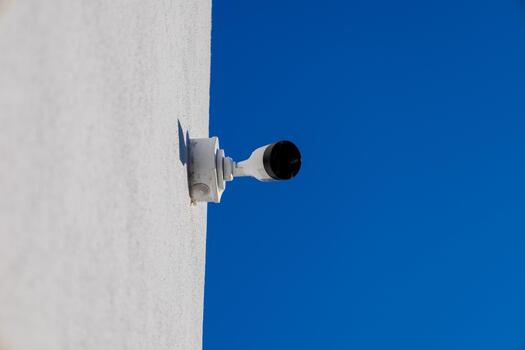 A CCTV camera is securely mounted on a wall, focused towards the open sky, ensuring constant monitoring and security for the surrounding area photo