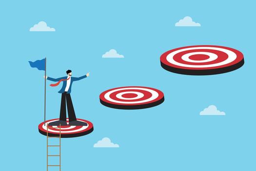 Business Target Achievement Illustration. Entrepreneur Standing on a Bullseye and Aiming for the Next Goal, Symbolizing Strategy, Progress, Ambition, and Step-by-Step Growth in Modern Business vector