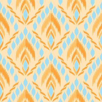 Ikat seamless pattern with floral elements and ogee shapes in orange and soft blue background. Unique style for textile design. vector