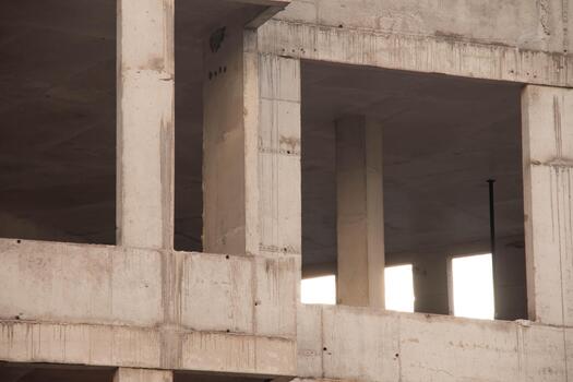 Concrete Wall Frame of Building under Construction. Formwork Prints on Surface with Fittings Release from Monolithic box, with window hole at Construction Site. Architectural origin of Structure. photo