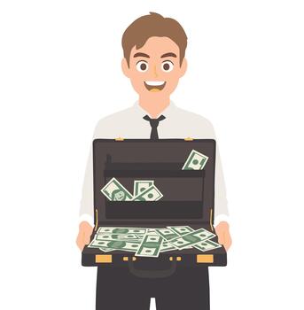 Smiling man with briefcase of cash, ideal for finance concepts and business presentations, representing success, wealth, and financial goals. vector