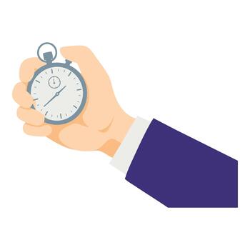 Hand in a suit jacket holding a grey stopwatch, symbolizing professionalism and time management. Suitable for business, efficiency, and punctuality concepts. vector