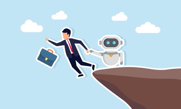 AI robot pushing a businessman toward a cliff edge symbolizing the replacement of human roles and tasks by artificial intelligence vector