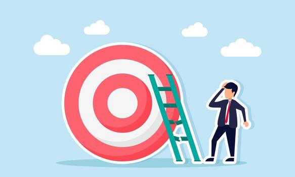 Businessman feeling confused as he tries to climb a target board with a ladder that has broken steps symbolizing challenges in achieving business goals vector