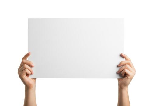 Hands holding a blank white sign isolated on white background photo