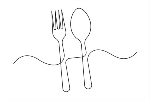 One continuous line art drawing of food tools. Spoon and fork for decoration restaurant menu linear vector