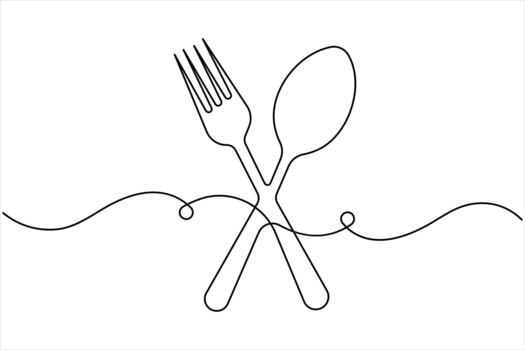 One continuous line art drawing of food tools. Spoon and fork for decoration restaurant menu linear design vector