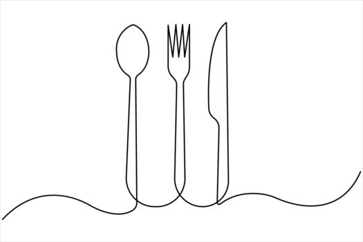 One continuous line art drawing of food tools. fork, spoon and knife for decoration restaurant menu linear design icon vector