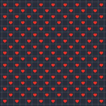 Seamless pattern with red hearts and squares. Geometric repeating gingham pattern, grey striped texture. vector