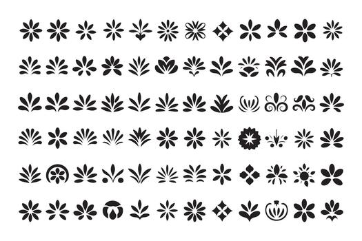 Various flower and leaf shapes create an ornamental pattern in solid black ink on white vector