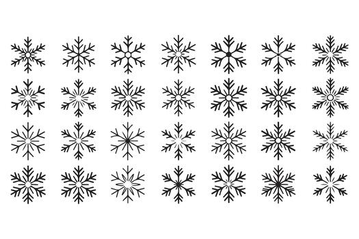 Various decorative snowflake outlines create a wintery seamless pattern on a transparent background vector