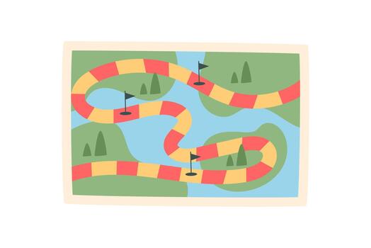 Colorful flat path board game map. Simple puzzle layout with winding snake route in vibrant colors. Engaging recreation for boardgame fun, play, and table entertainment activities. vector
