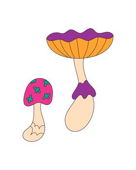 Groovy retro psychedelic cartoon mushroom with colorful pink cap stands as a fun groovy element. This fantasy shroom displays a trippy style in bold y2k colors, perfect for creative projects and vector